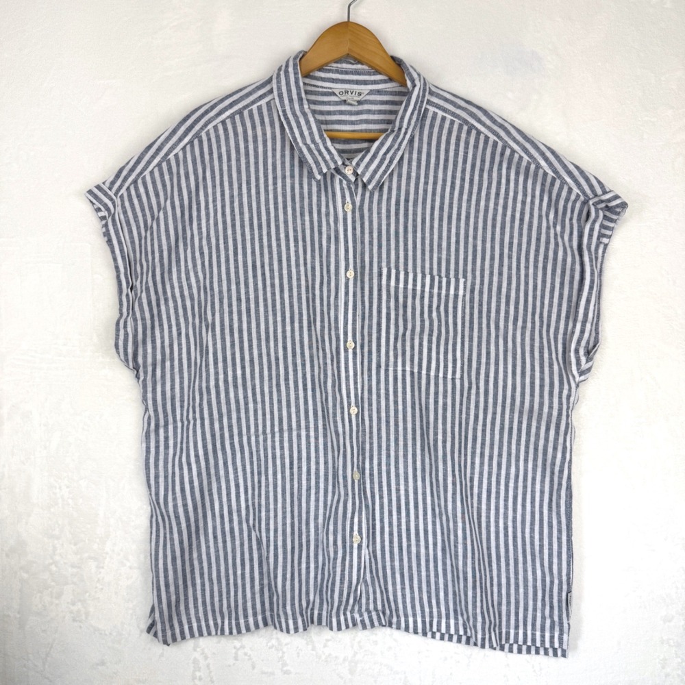 Orvis Womens XXL Linen Rayon Striped Short Sleeve Button Up Shirt Navy White